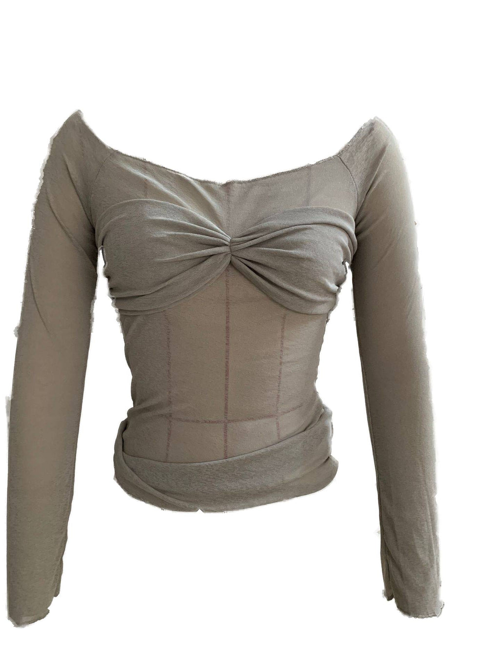 Sheer Ruched Bust Off Shoulder Knit Top - Grey