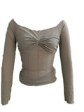 Sheer Ruched Bust Off Shoulder Knit Top - Grey