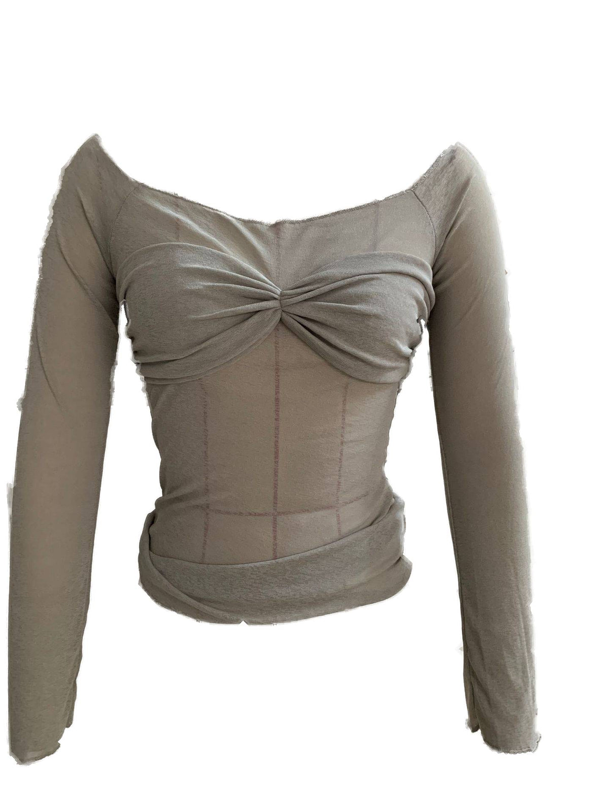Sheer Ruched Bust Off Shoulder Knit Top - Grey