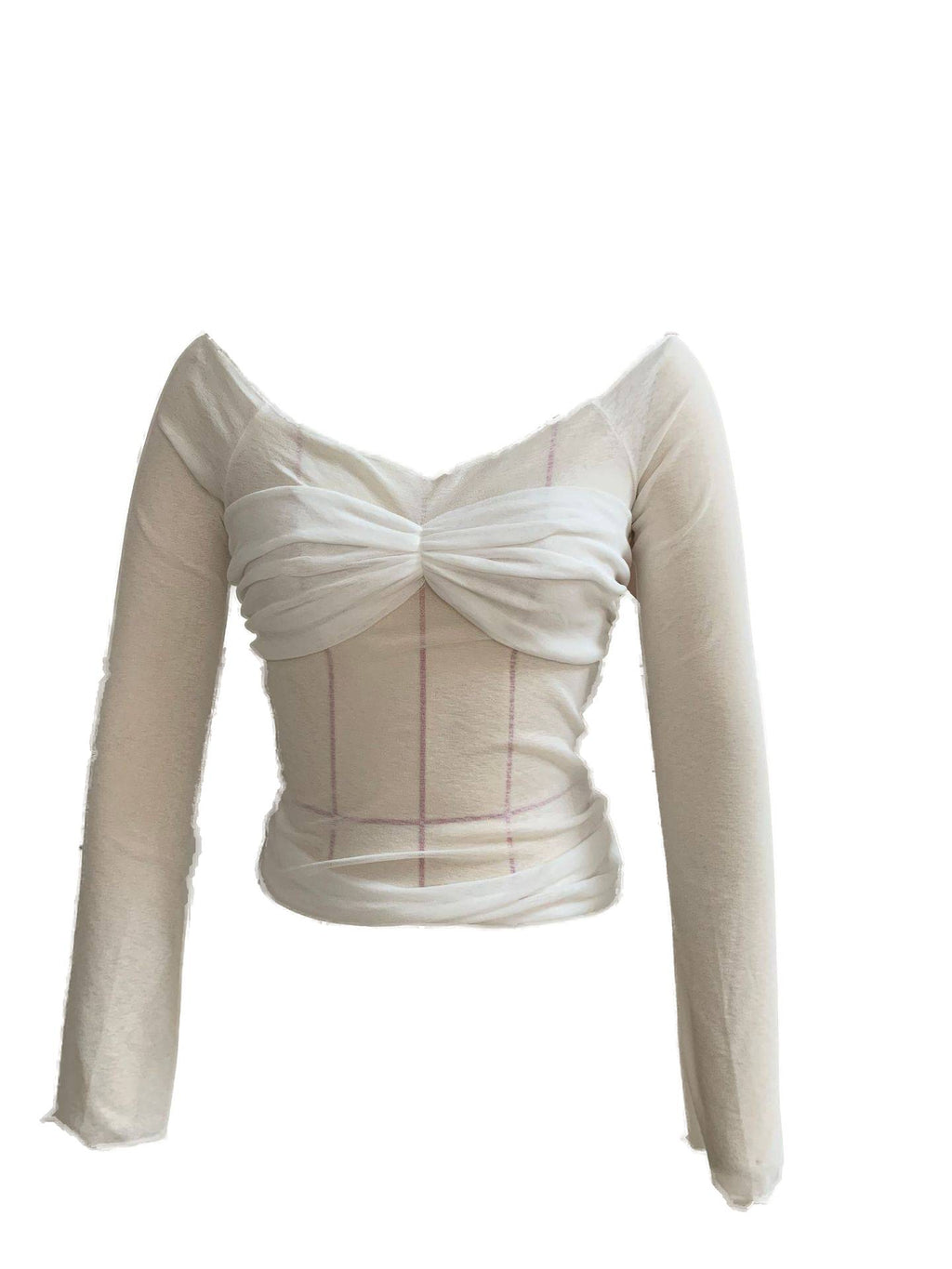 Sheer Ruched Bust Off Shoulder Knit Top - White