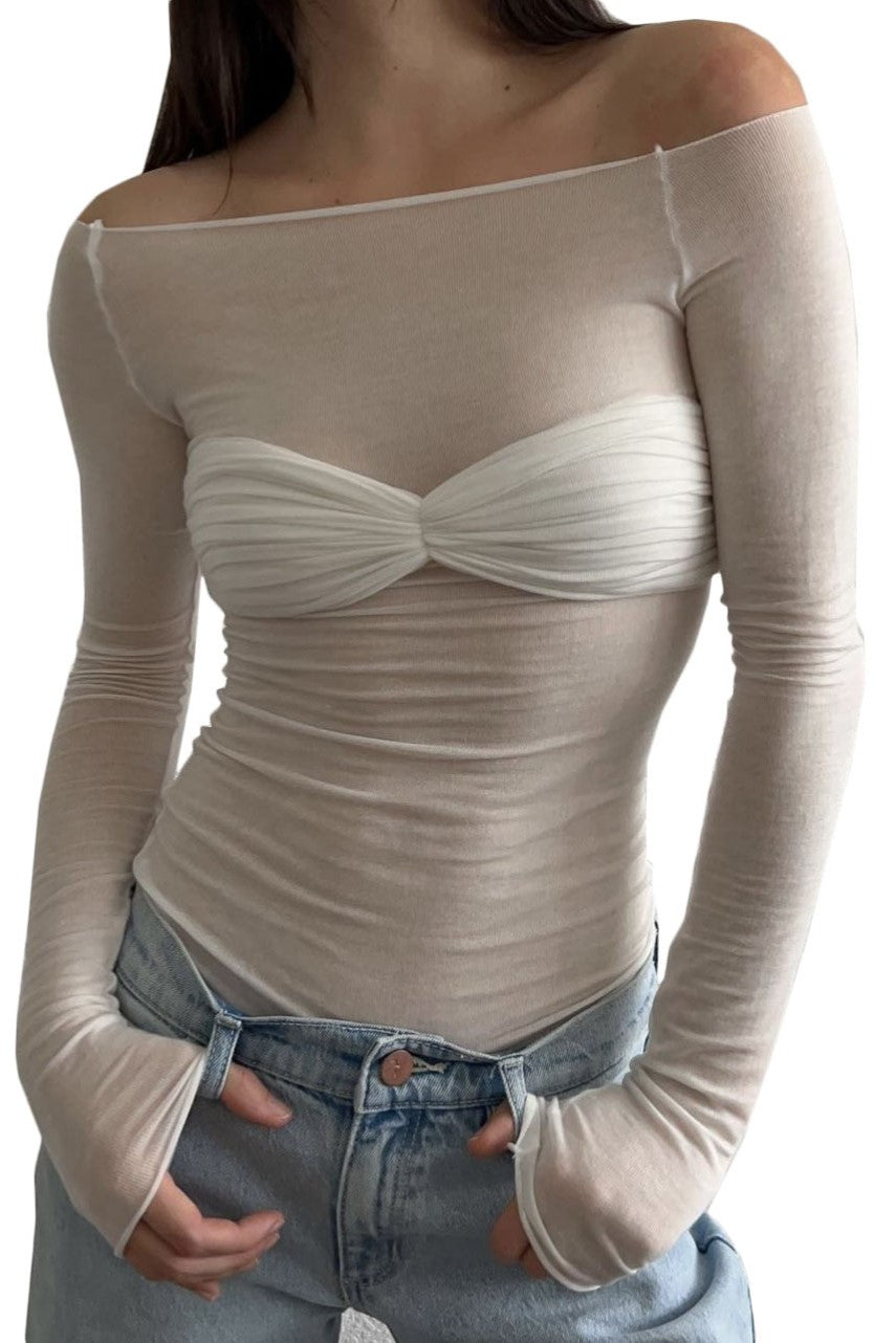 Sheer Ruched Bust Off Shoulder Knit Top