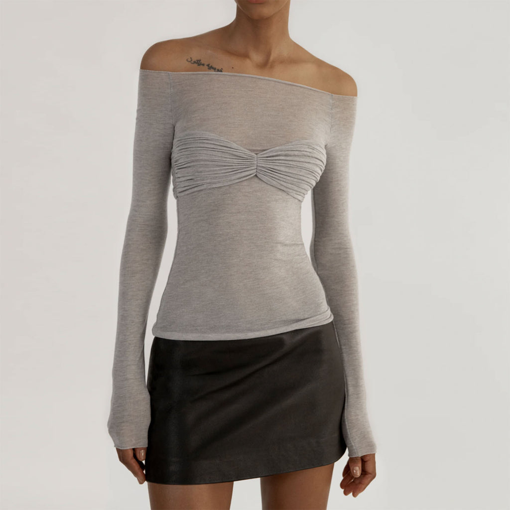 Sheer Ruched Bust Off Shoulder Knit Top - view 1