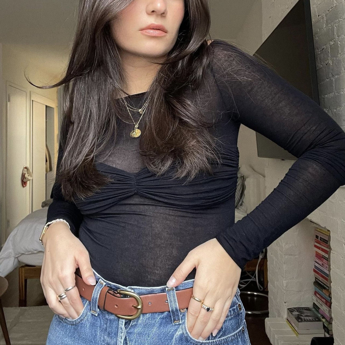 Sheer Ruched Bust Off Shoulder Knit Top - view 3