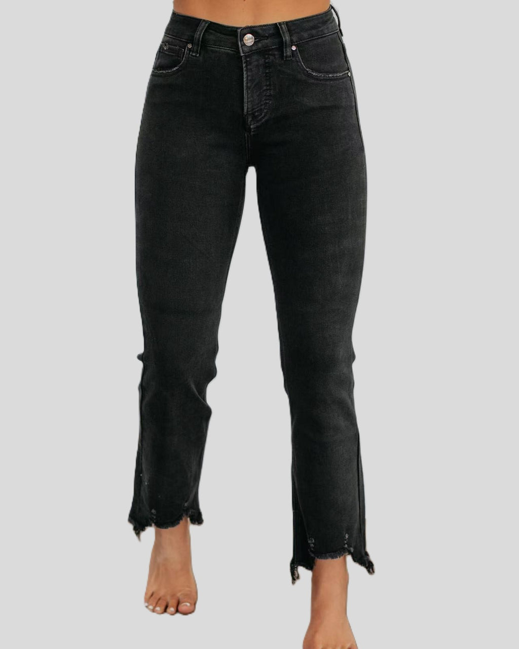Frayed Hem Cropped Straight Leg Jeans - Black - 3