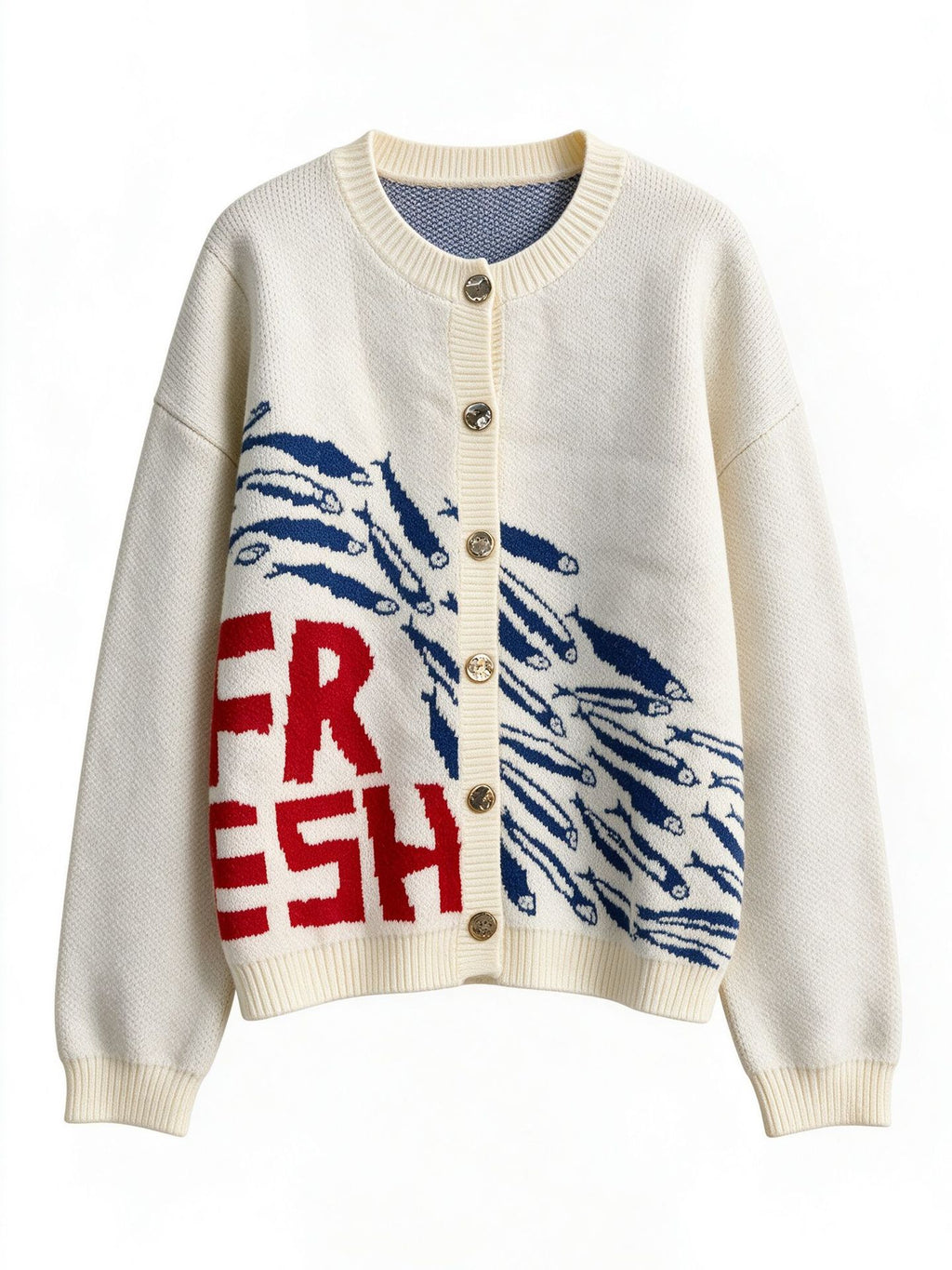 Sardine Print Button Front Knit Cardigan - White - 1