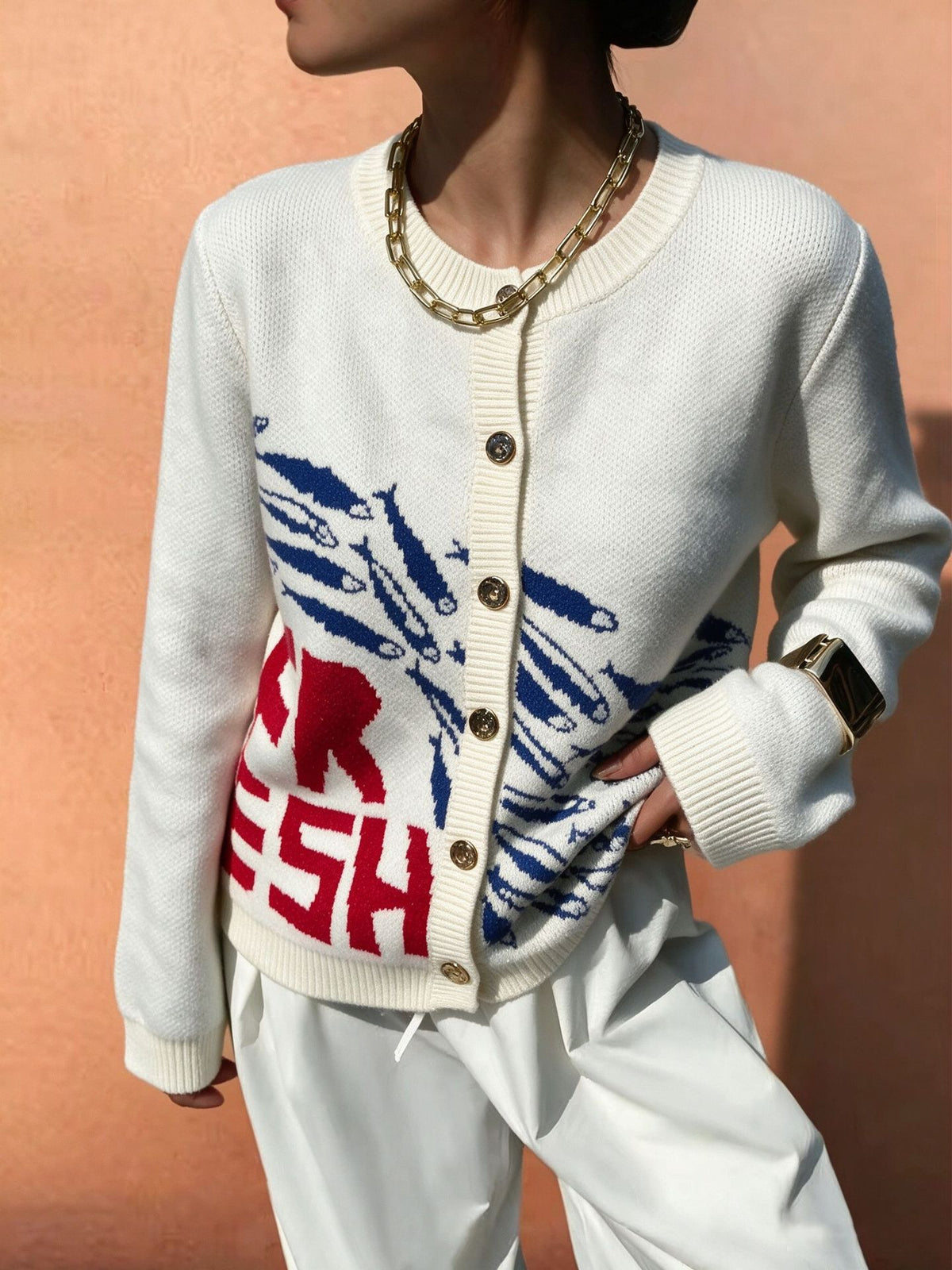 Sardine Print Button Front Knit Cardigan - White - 2