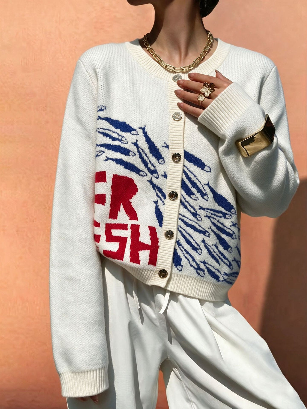 Sardine Print Button Front Knit Cardigan - White - 3