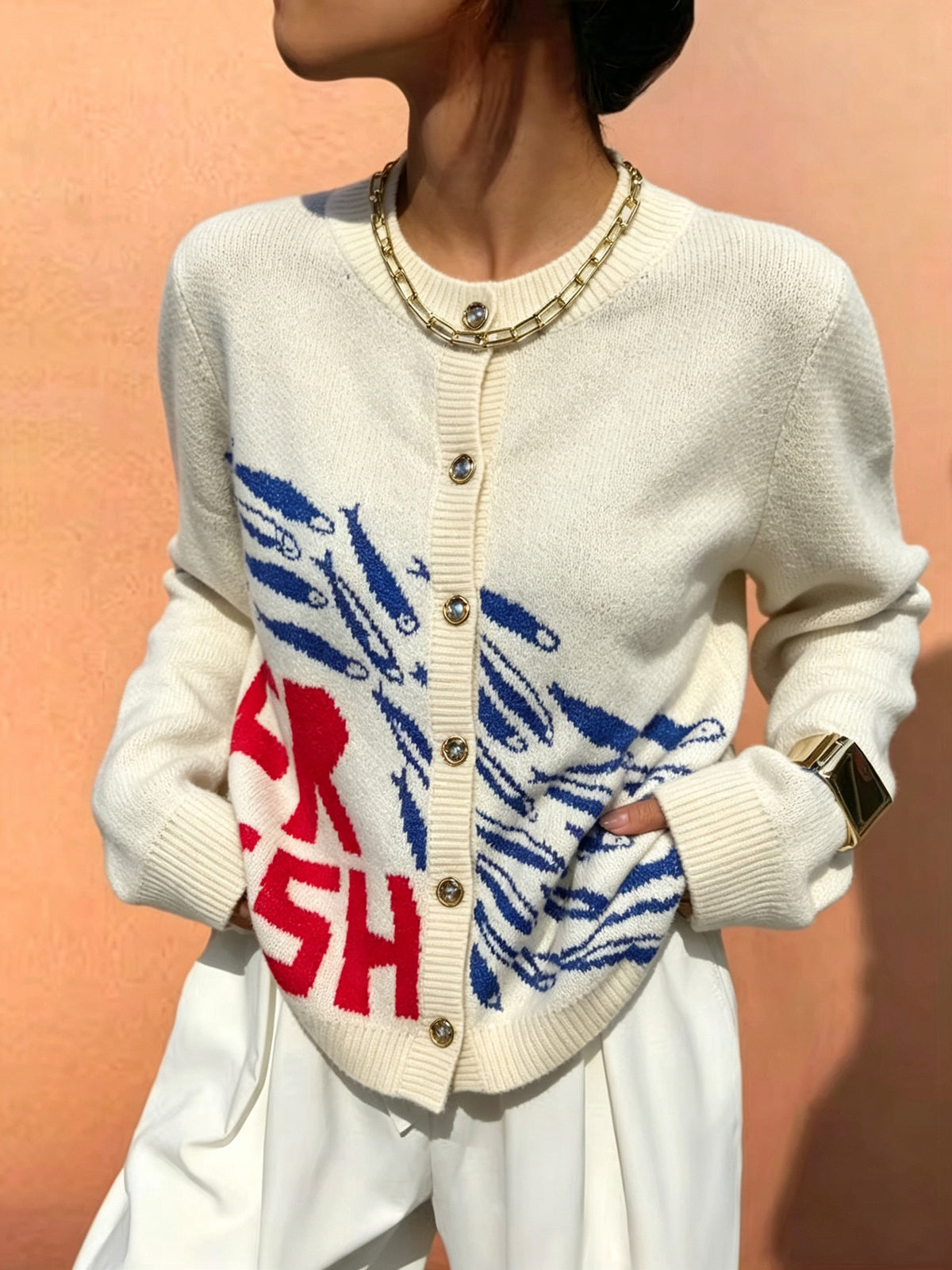 Sardine Print Button Front Knit Cardigan - White - 4