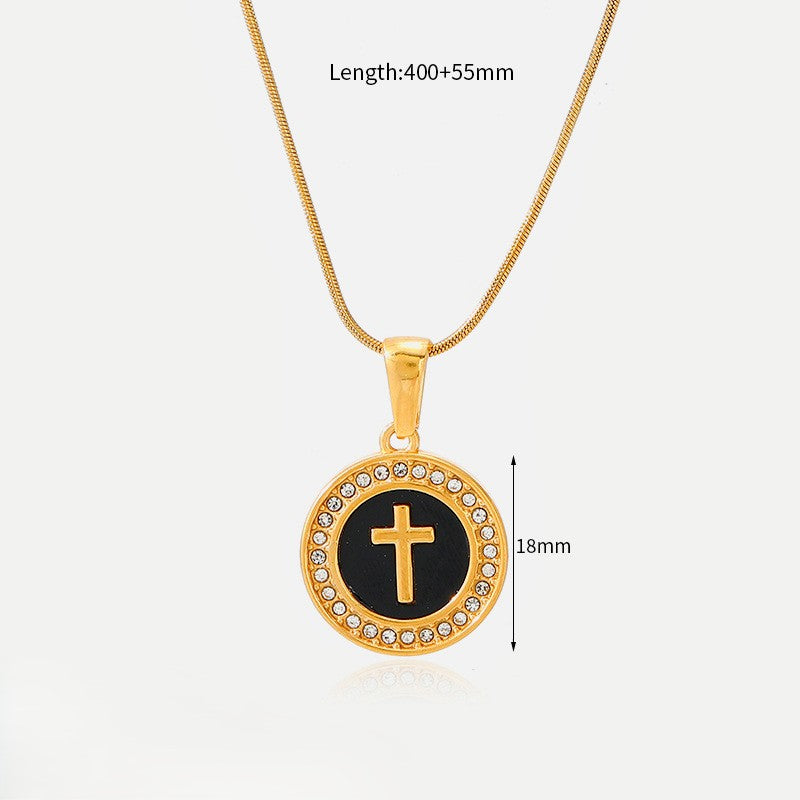 Petite Cross Medallion Necklace With Pave Halo - Black