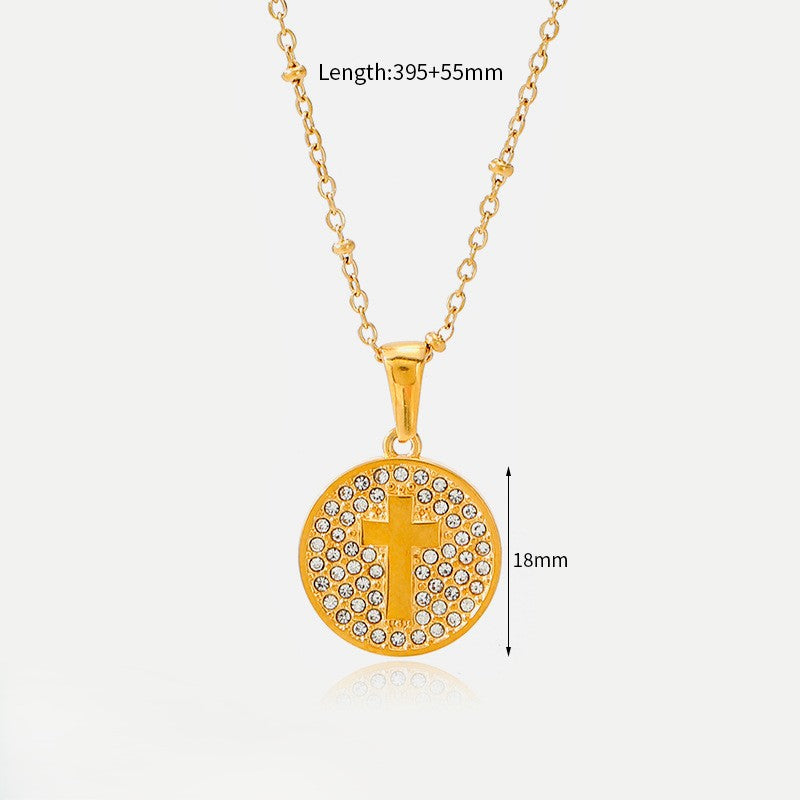 Petite Cross Medallion Necklace With Pave Halo - Gold