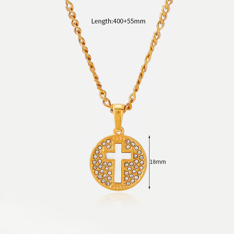 Petite Cross Medallion Necklace With Pave Halo - White