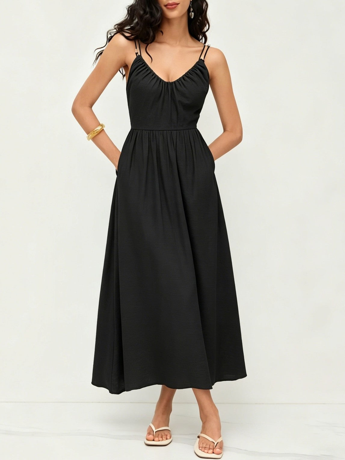 Beaded Strap Tie Back Maxi Cami - Black