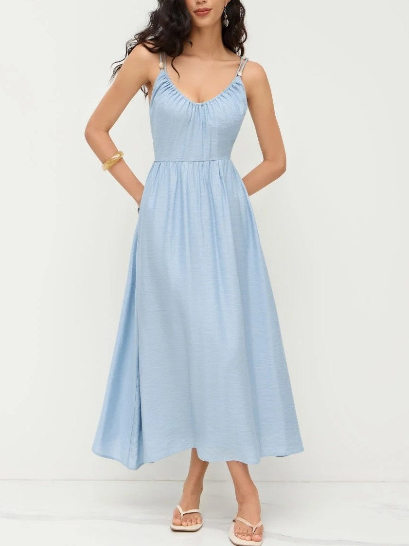 Beaded Strap Tie Back Maxi Cami - Blue