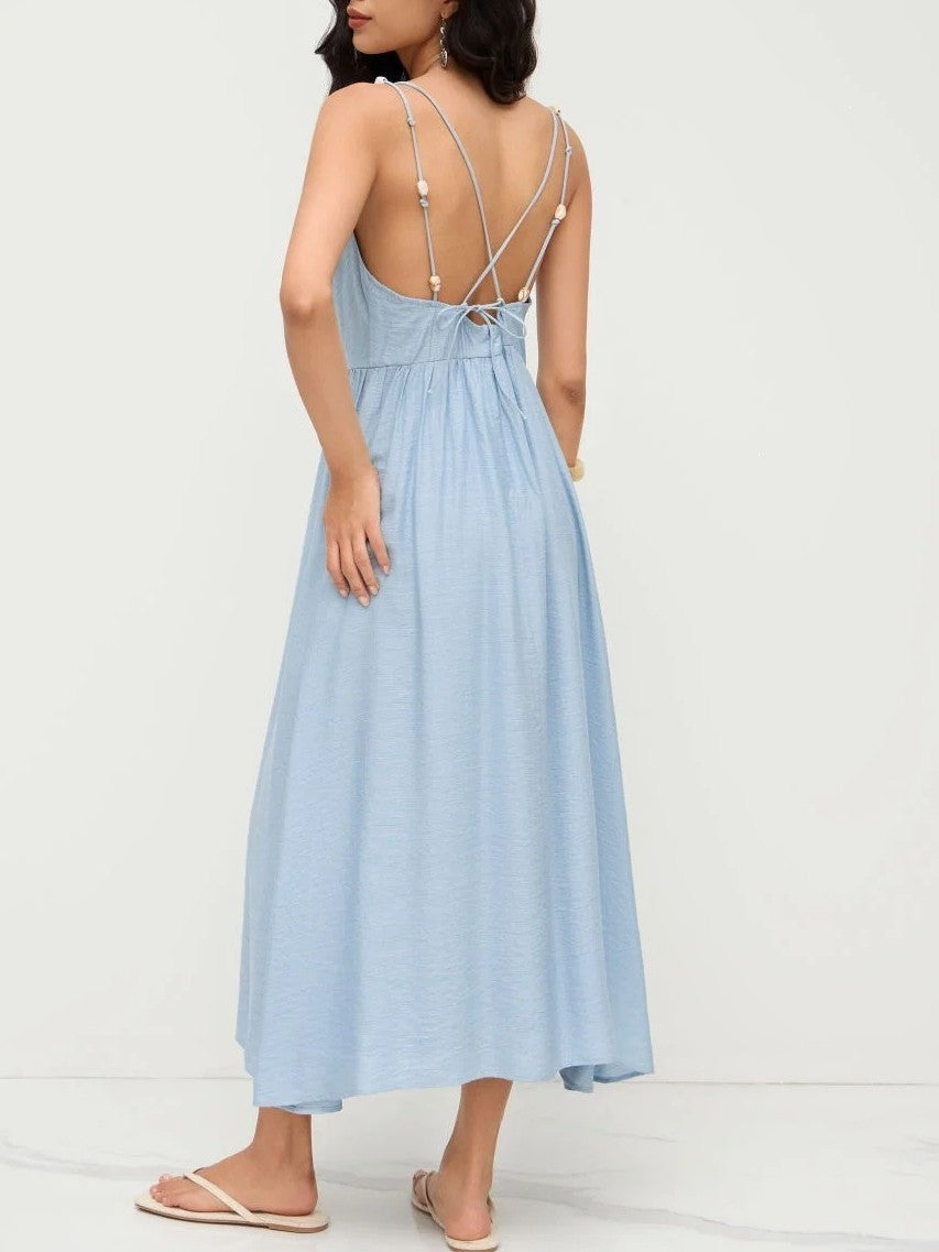 Beaded Strap Tie Back Maxi Cami - Blue - 3