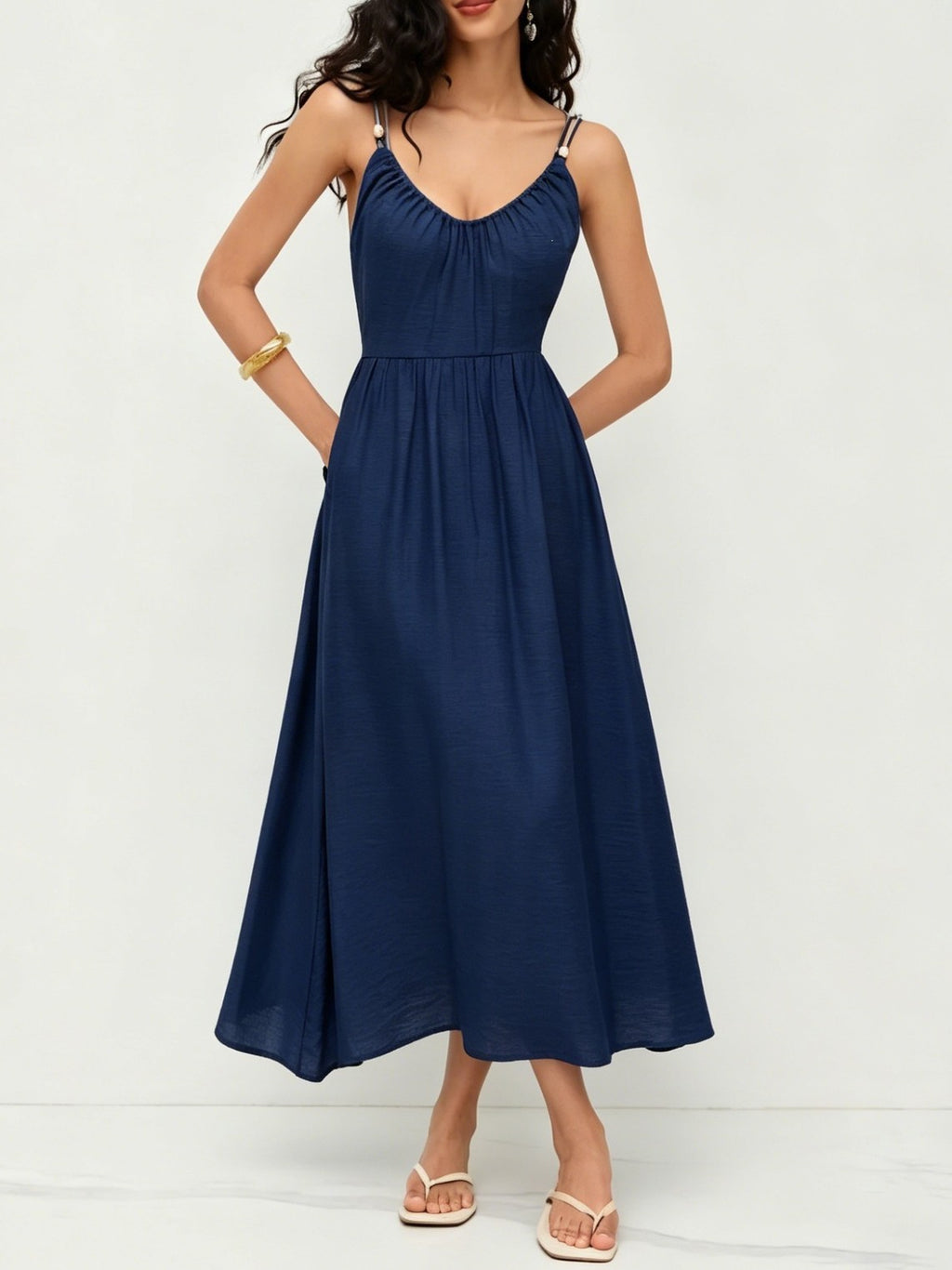Beaded Strap Tie Back Maxi Cami - Navy