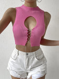 Ribbed Keyhole Lace Up Crop Tank - Pink