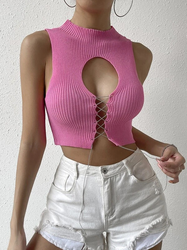 Ribbed Keyhole Lace Up Crop Tank - Pink - 3