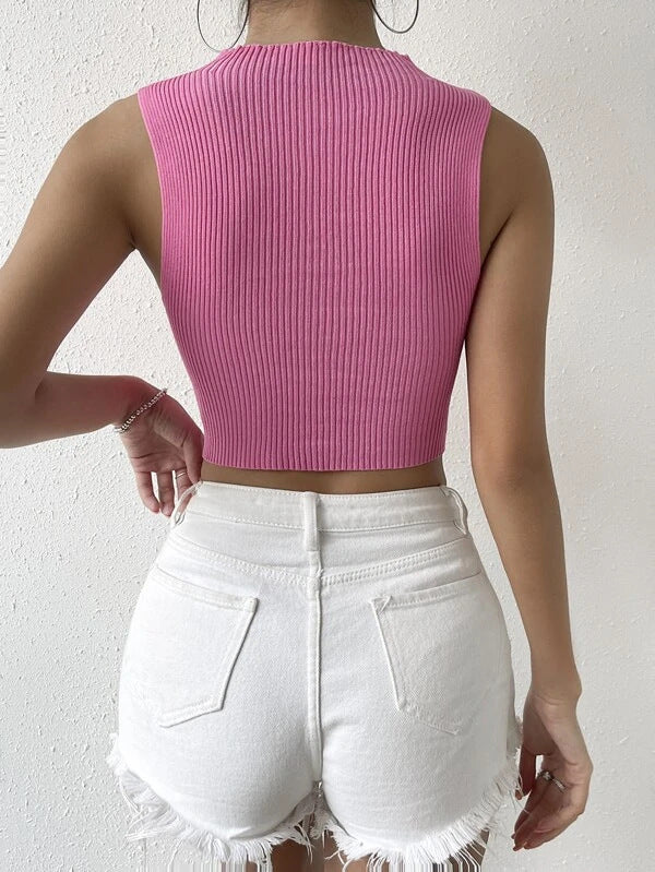 Ribbed Keyhole Lace Up Crop Tank - Pink - 4