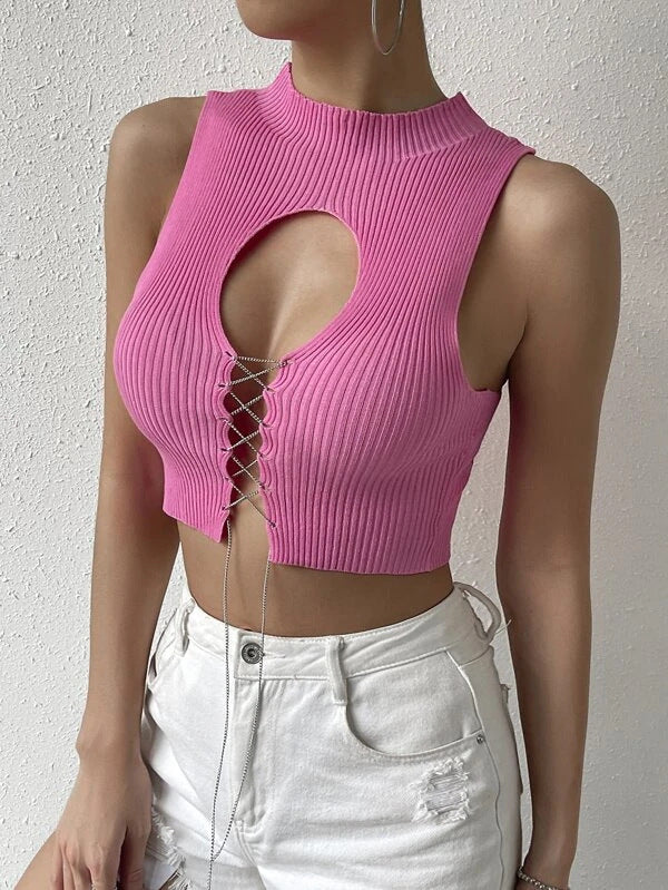Ribbed Keyhole Lace Up Crop Tank - Pink - 5