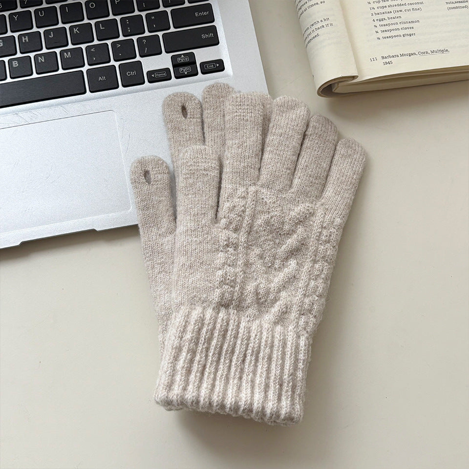 Cable Knit Touchscreen Gloves with Ribbed Cuffs - Beige