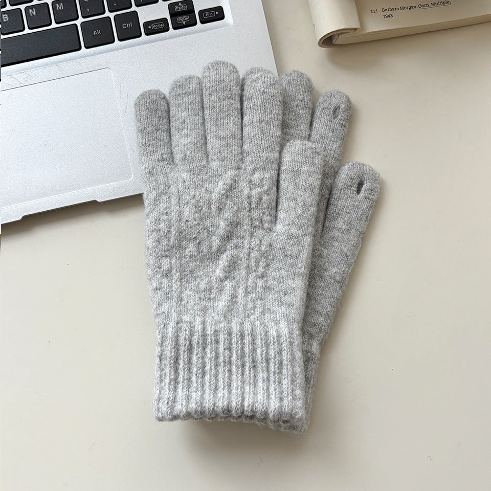 Cable Knit Touchscreen Gloves with Ribbed Cuffs - Grey