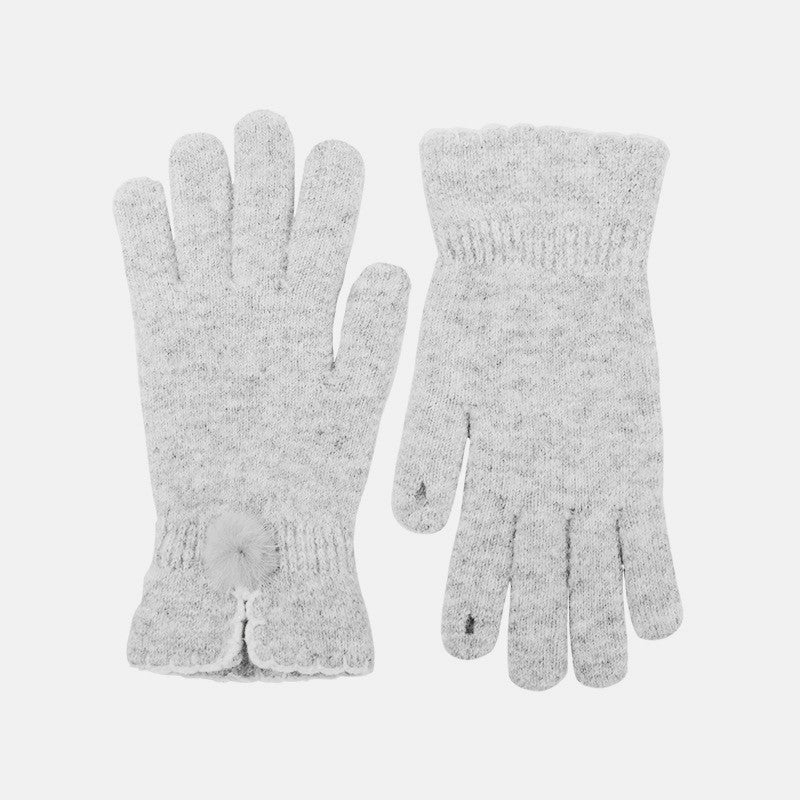 Pom Detail Soft Knit Touchscreen Gloves - Grey