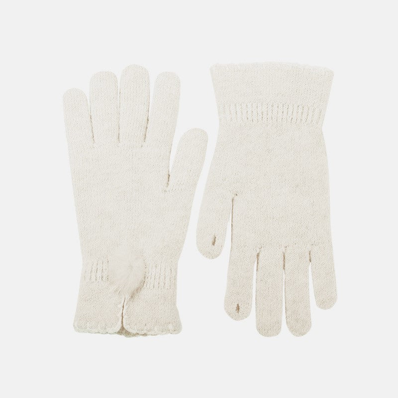 Pom Detail Soft Knit Touchscreen Gloves - White - 1