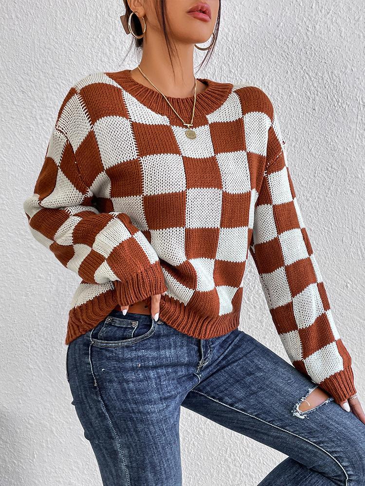Checkerboard Crewneck Drop Shoulder Knit Top - Brown