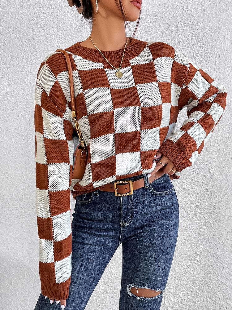 Checkerboard Crewneck Drop Shoulder Knit Top - Brown - 1