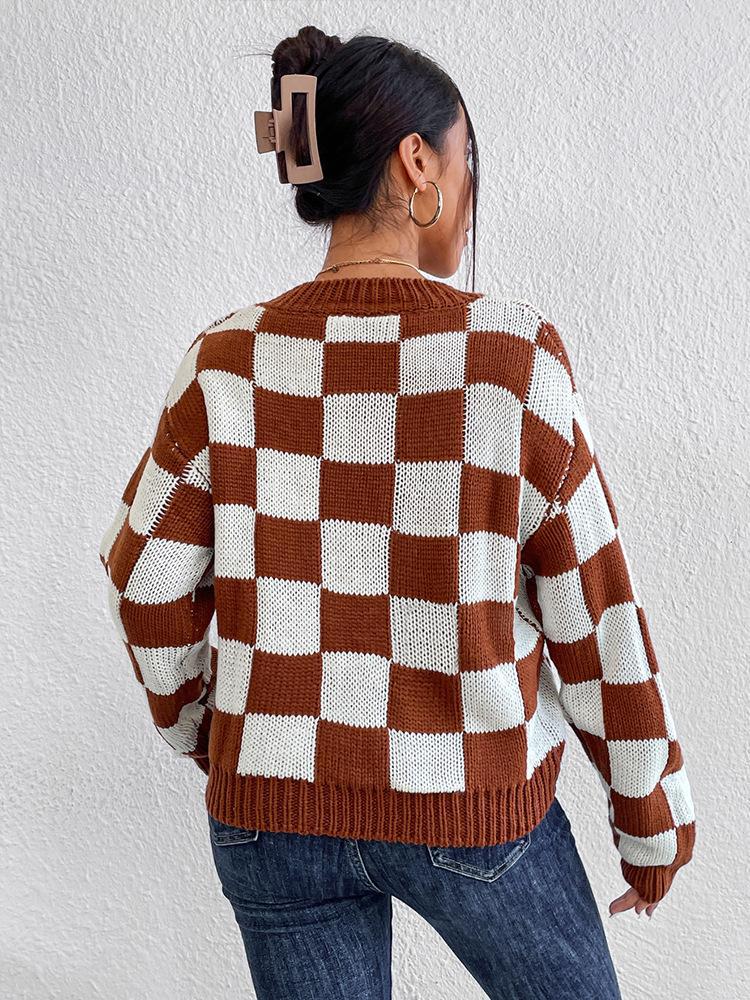 Checkerboard Crewneck Drop Shoulder Knit Top - Brown - 2