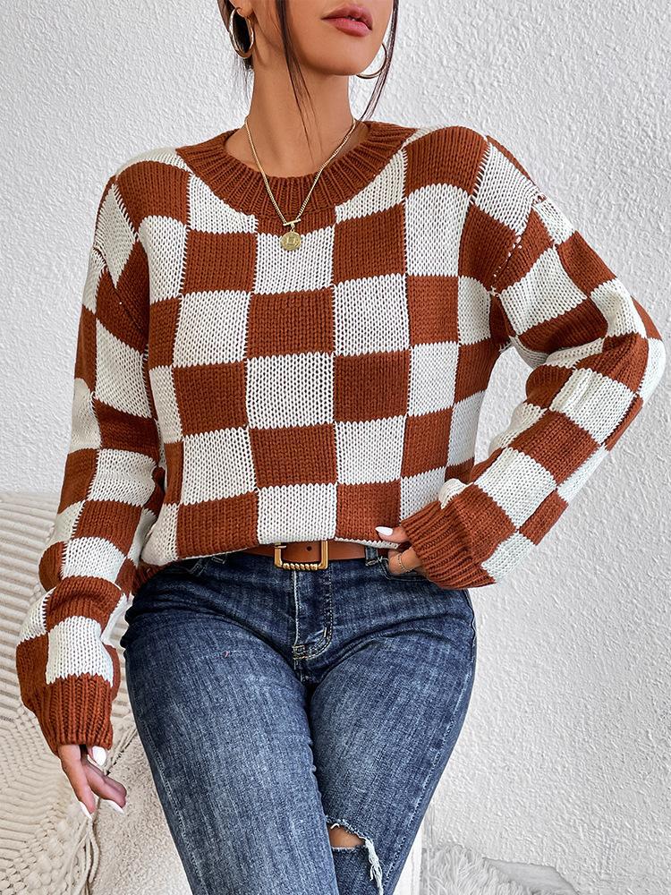 Checkerboard Crewneck Drop Shoulder Knit Top - Brown - 3