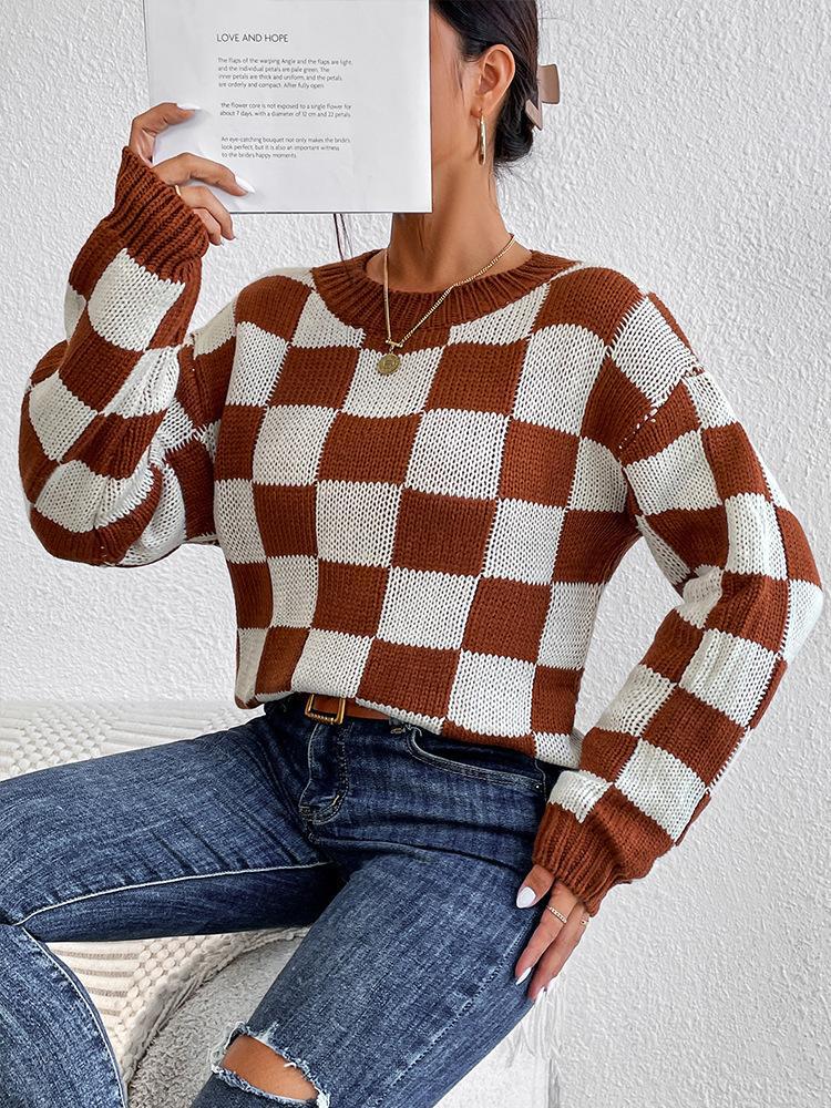 Checkerboard Crewneck Drop Shoulder Knit Top - Brown - 4