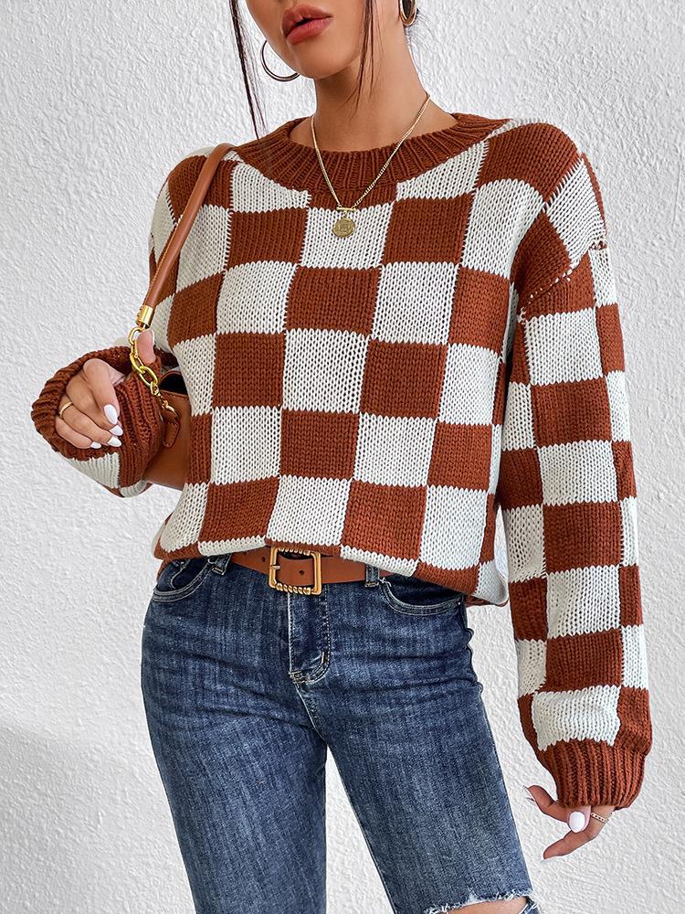 Checkerboard Crewneck Drop Shoulder Knit Top - view 1