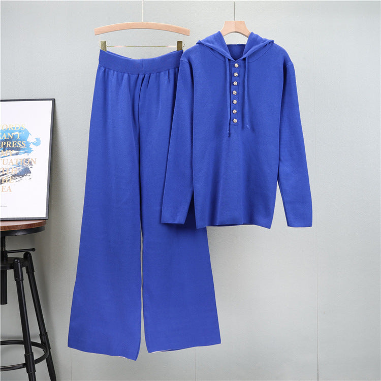 Hooded Knit Henley Top And Wide Leg Pant Set - Blue
