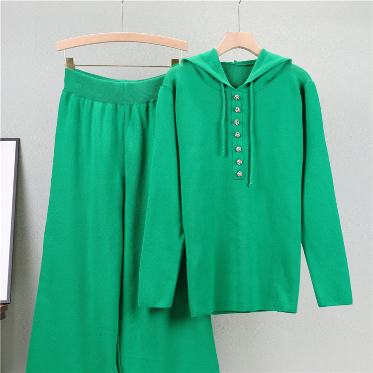 Hooded Knit Henley Top And Wide Leg Pant Set - Green - 1