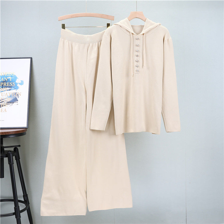 Hooded Knit Henley Top And Wide Leg Pant Set - Off-White
