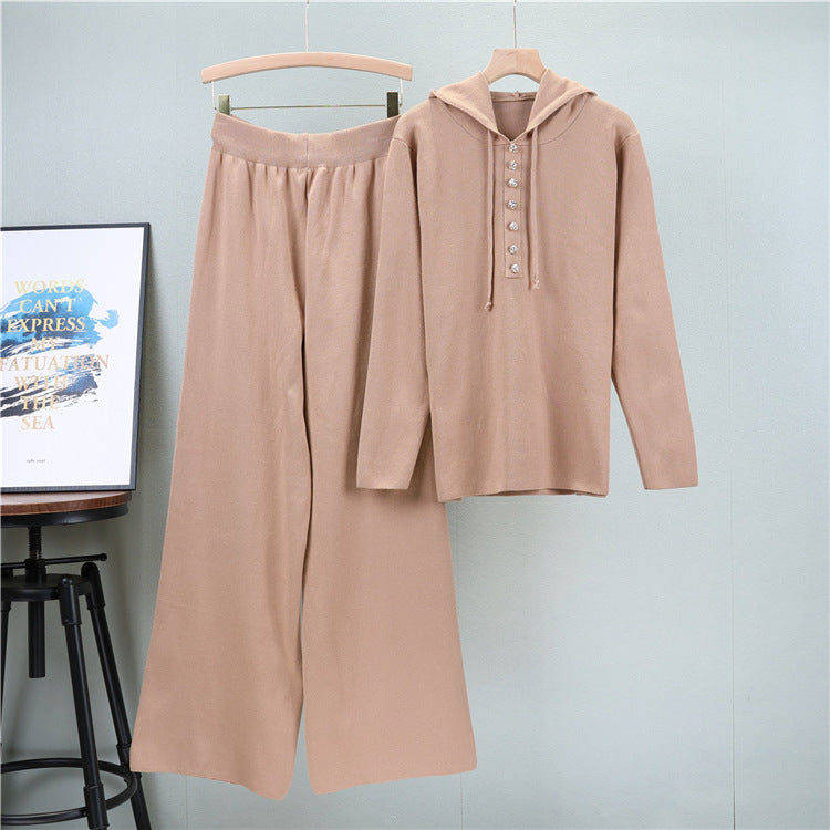 Hooded Knit Henley Top And Wide Leg Pant Set - Tan