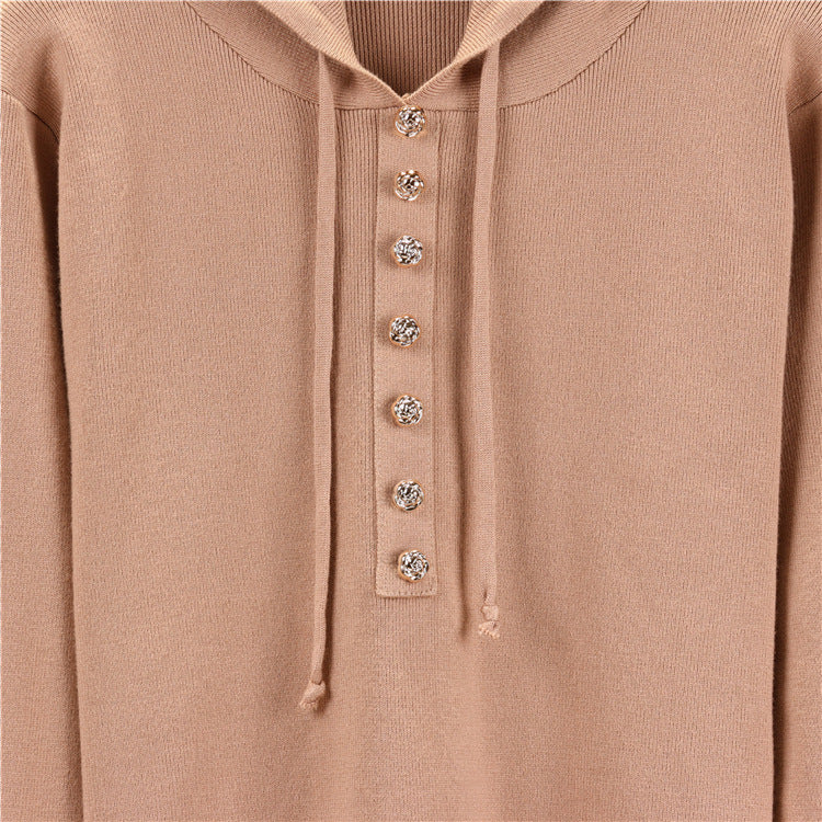 Hooded Knit Henley Top And Wide Leg Pant Set - Tan - 1