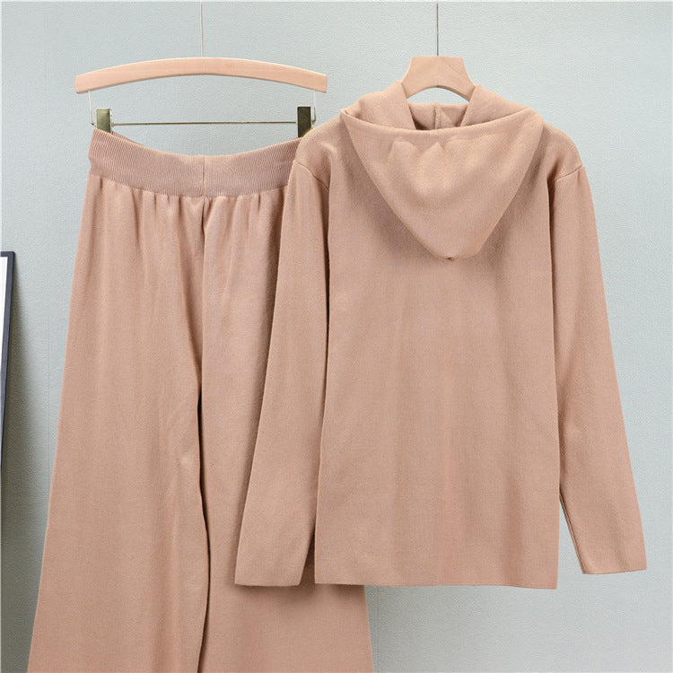Hooded Knit Henley Top And Wide Leg Pant Set - Tan - 2
