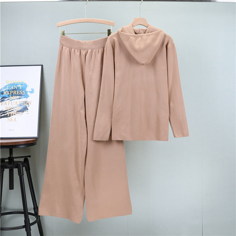 Hooded Knit Henley Top And Wide Leg Pant Set - Tan - 3