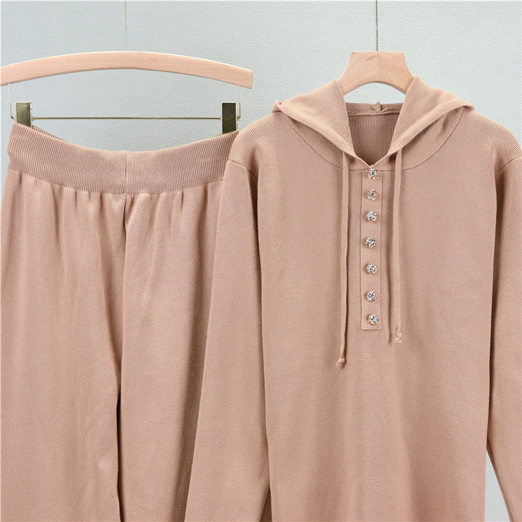 Hooded Knit Henley Top And Wide Leg Pant Set - Tan - 4