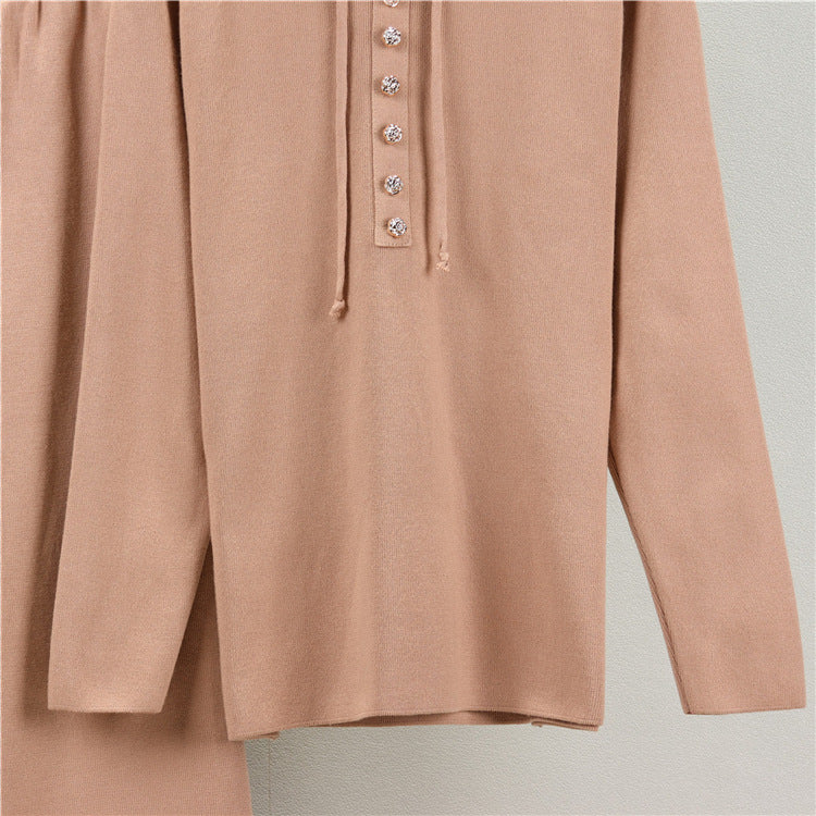 Hooded Knit Henley Top And Wide Leg Pant Set - Tan - 5