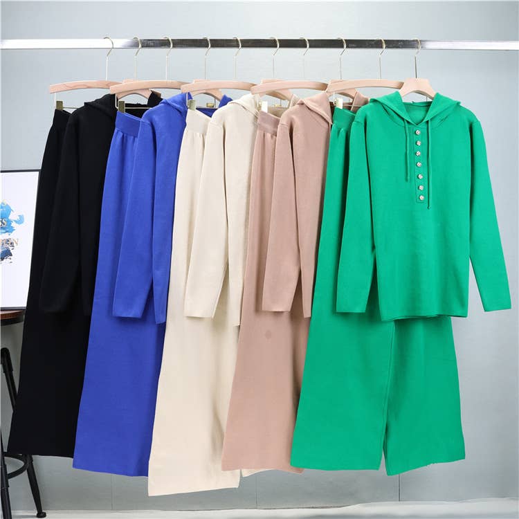 Hooded Knit Henley Top And Wide Leg Pant Set