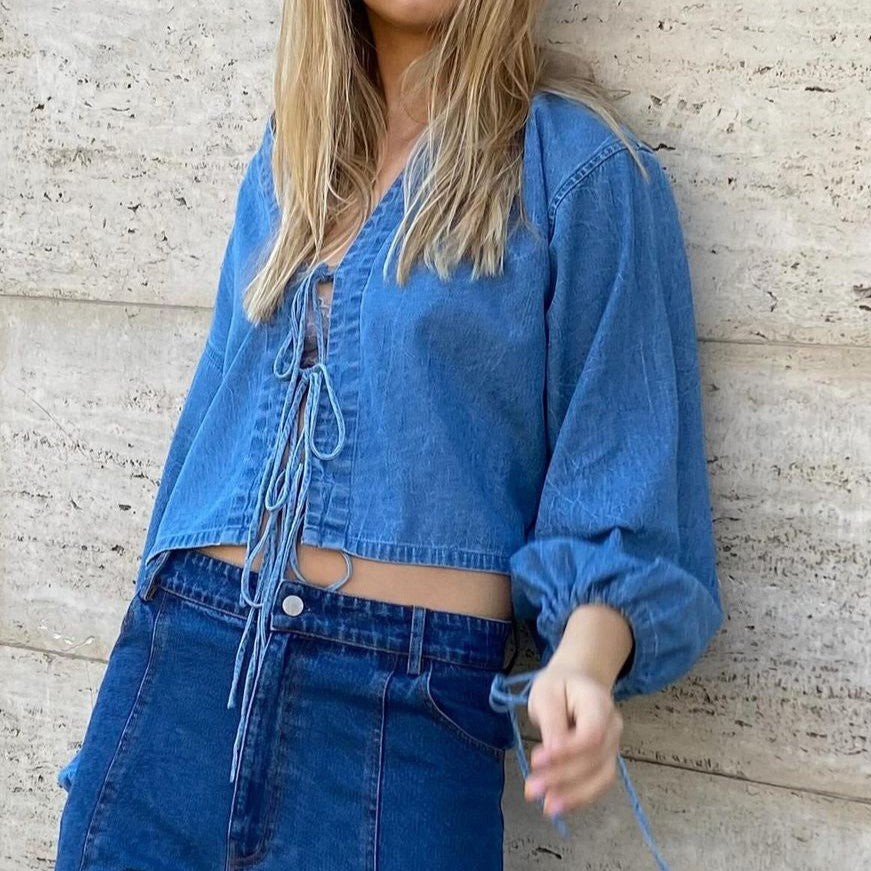Lace Up Plunge Balloon Sleeve Denim Shirt - Blue - 2
