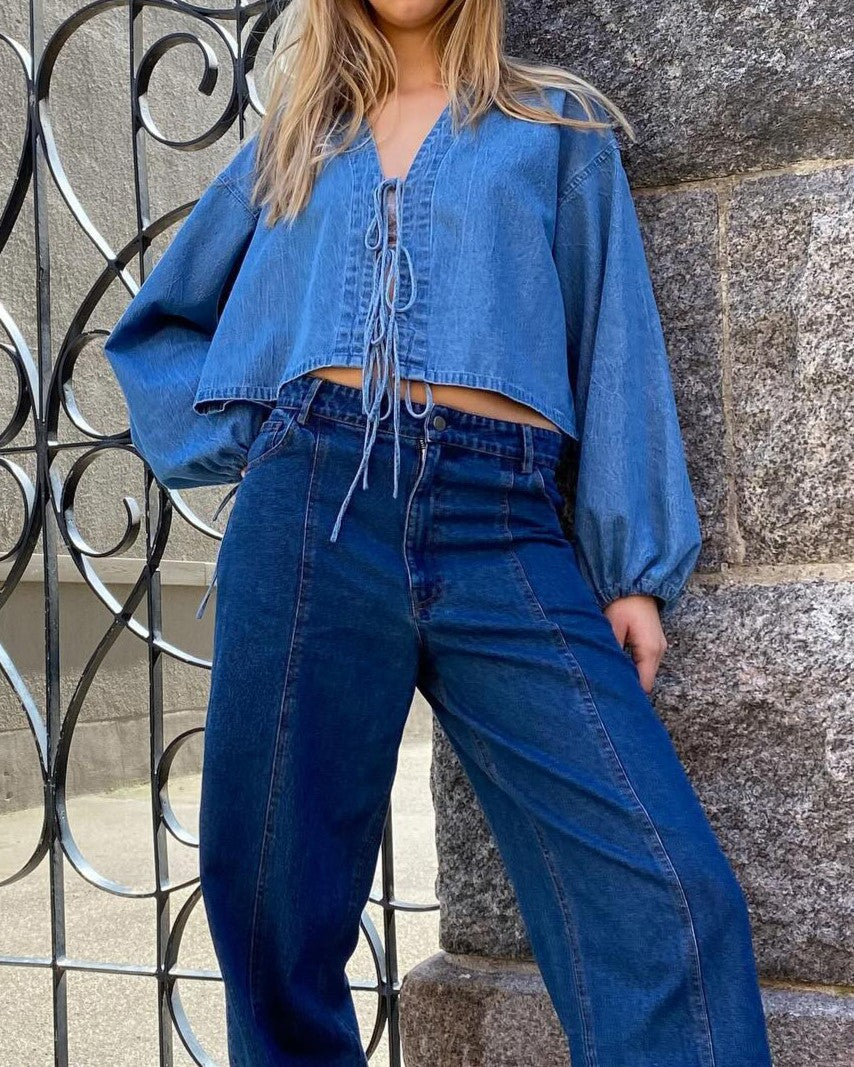 Lace Up Plunge Balloon Sleeve Denim Shirt - Blue - 3
