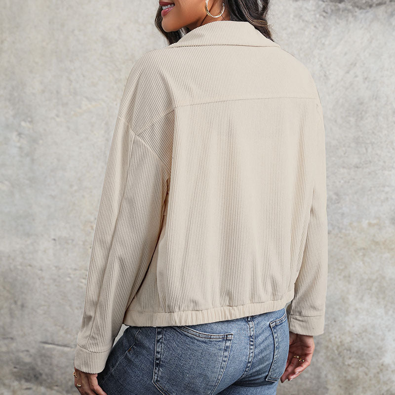 Corduroy Zip Front Collared Pocket Jacket - Apricot - 2