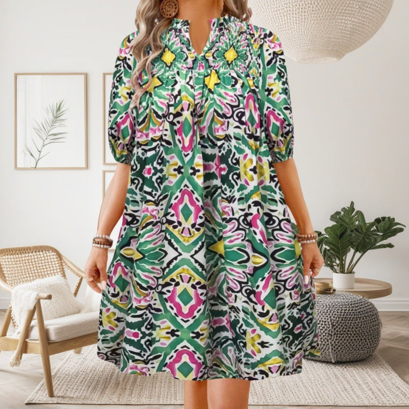 Folk Print Tie Neck Babydoll Dress - Green - 1