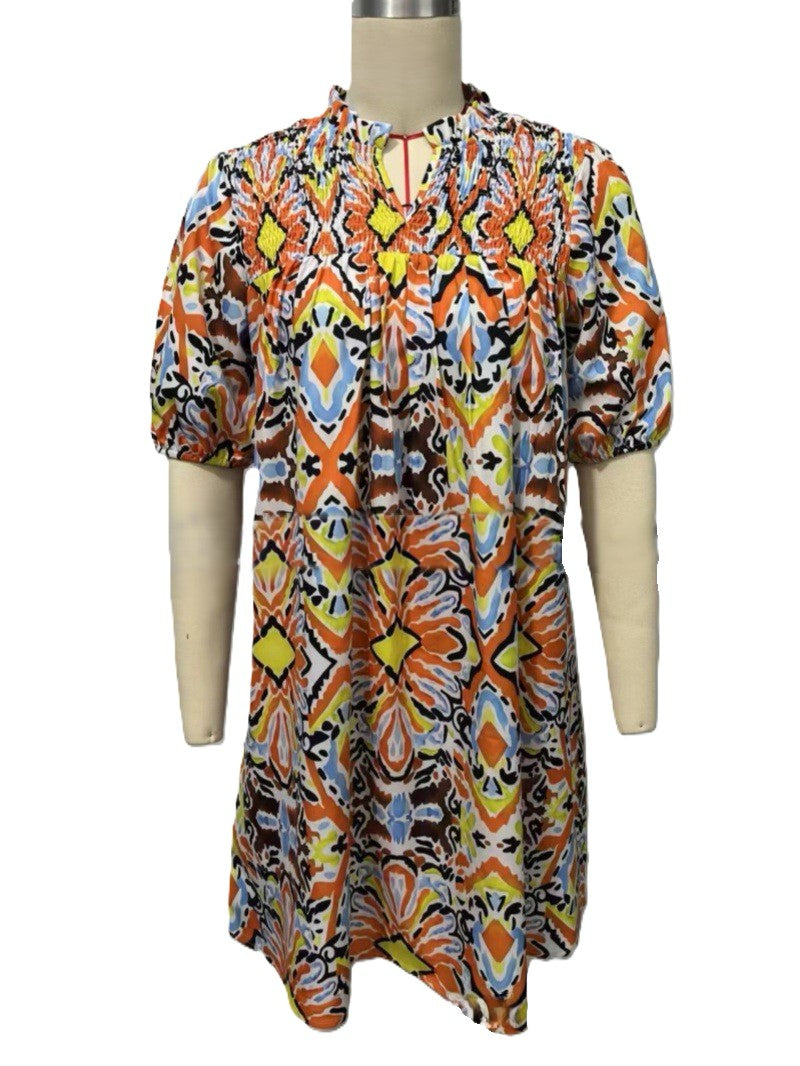 Folk Print Tie Neck Babydoll Dress - Orange
