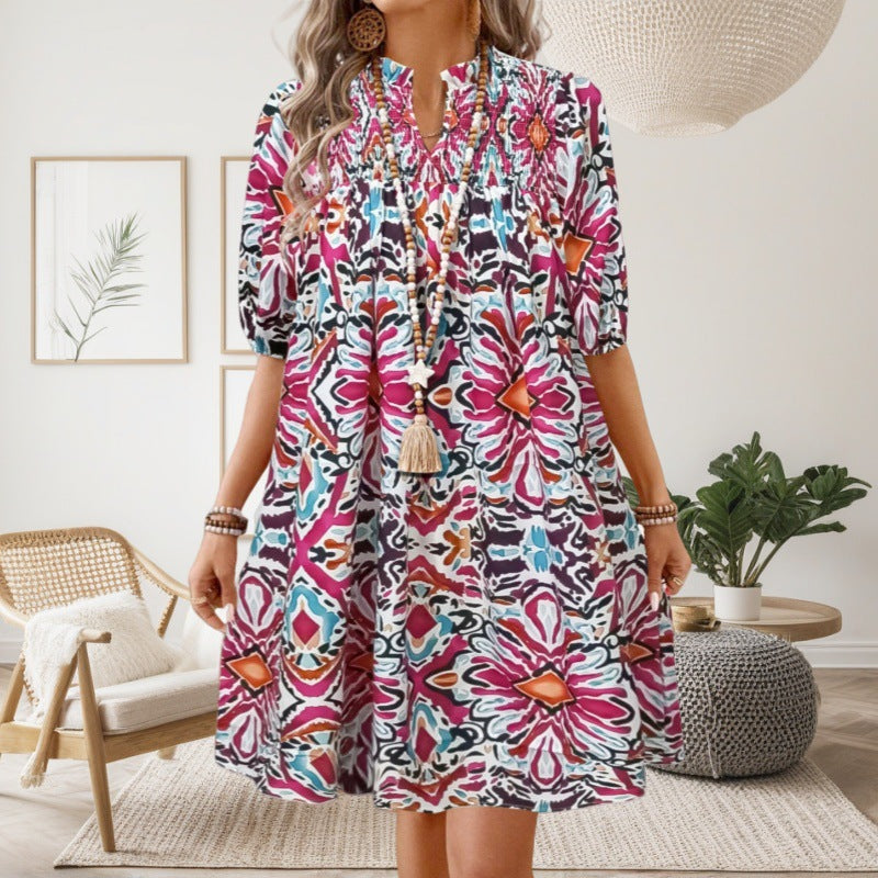 Folk Print Tie Neck Babydoll Dress - Red