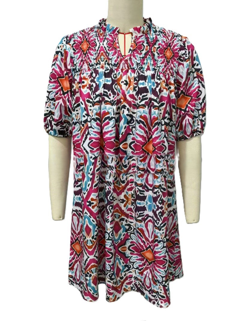 Folk Print Tie Neck Babydoll Dress - Red - 1